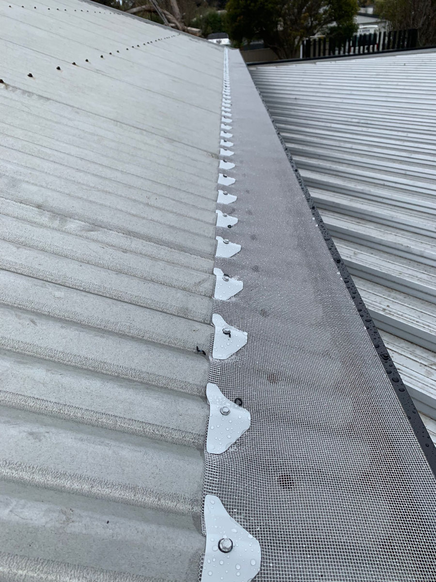 Gutterman protection installed on a corrugated roof